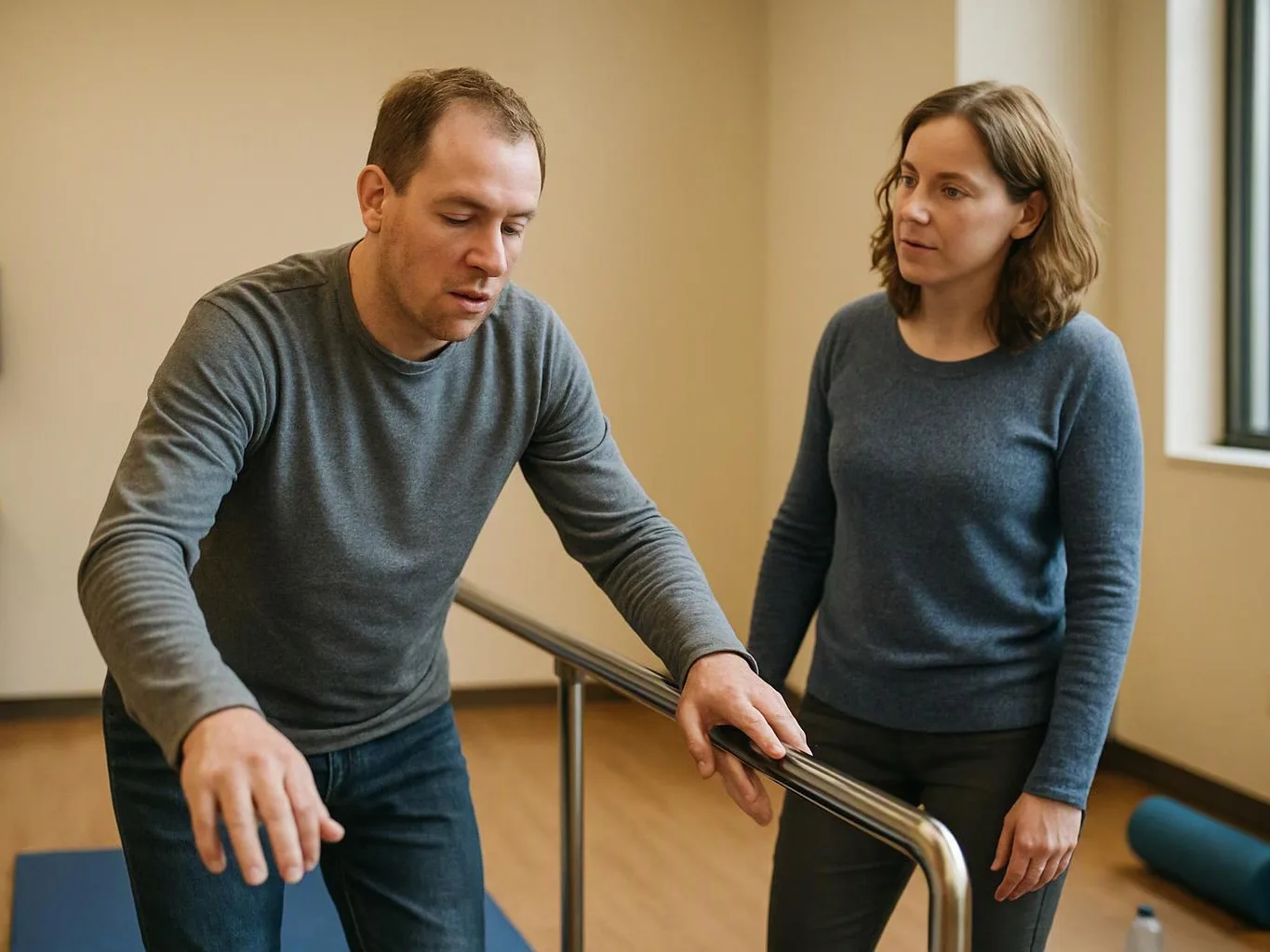 A man leans on a railing while a woman stands beside him in a bright room with a yoga mat on the floor