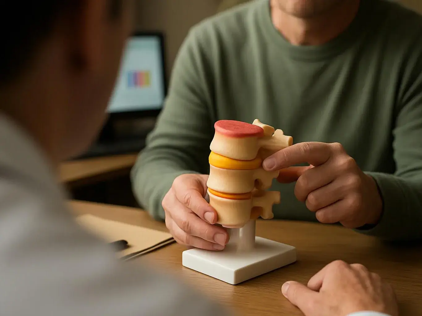 A man points to a stacked spine model while sitting across a table from another person in a room