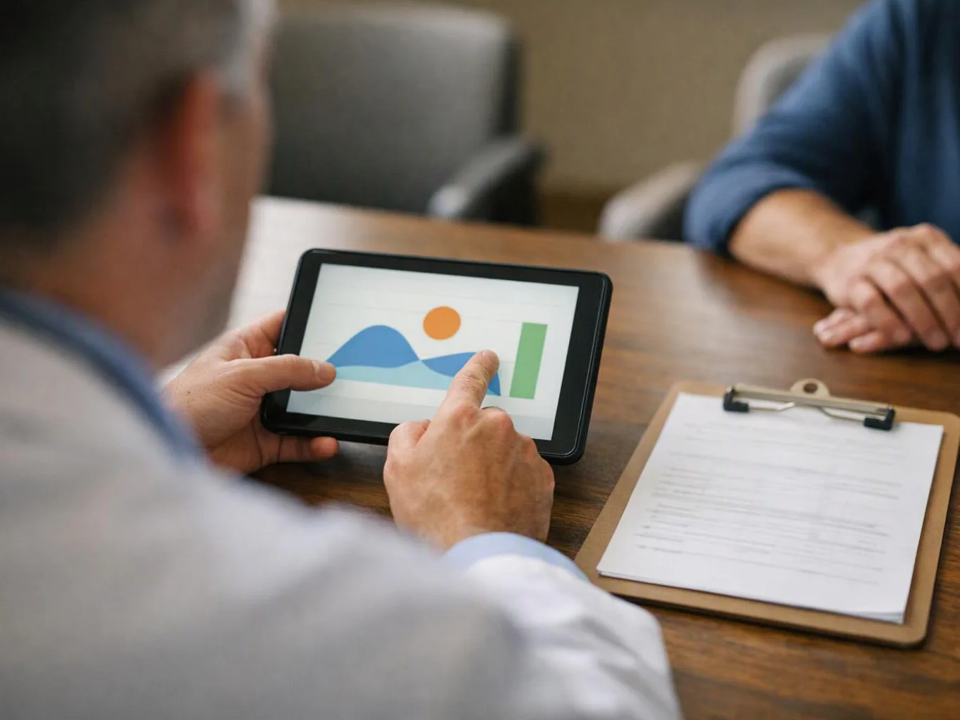 A man points at a tablet chart during a meeting at a wooden table