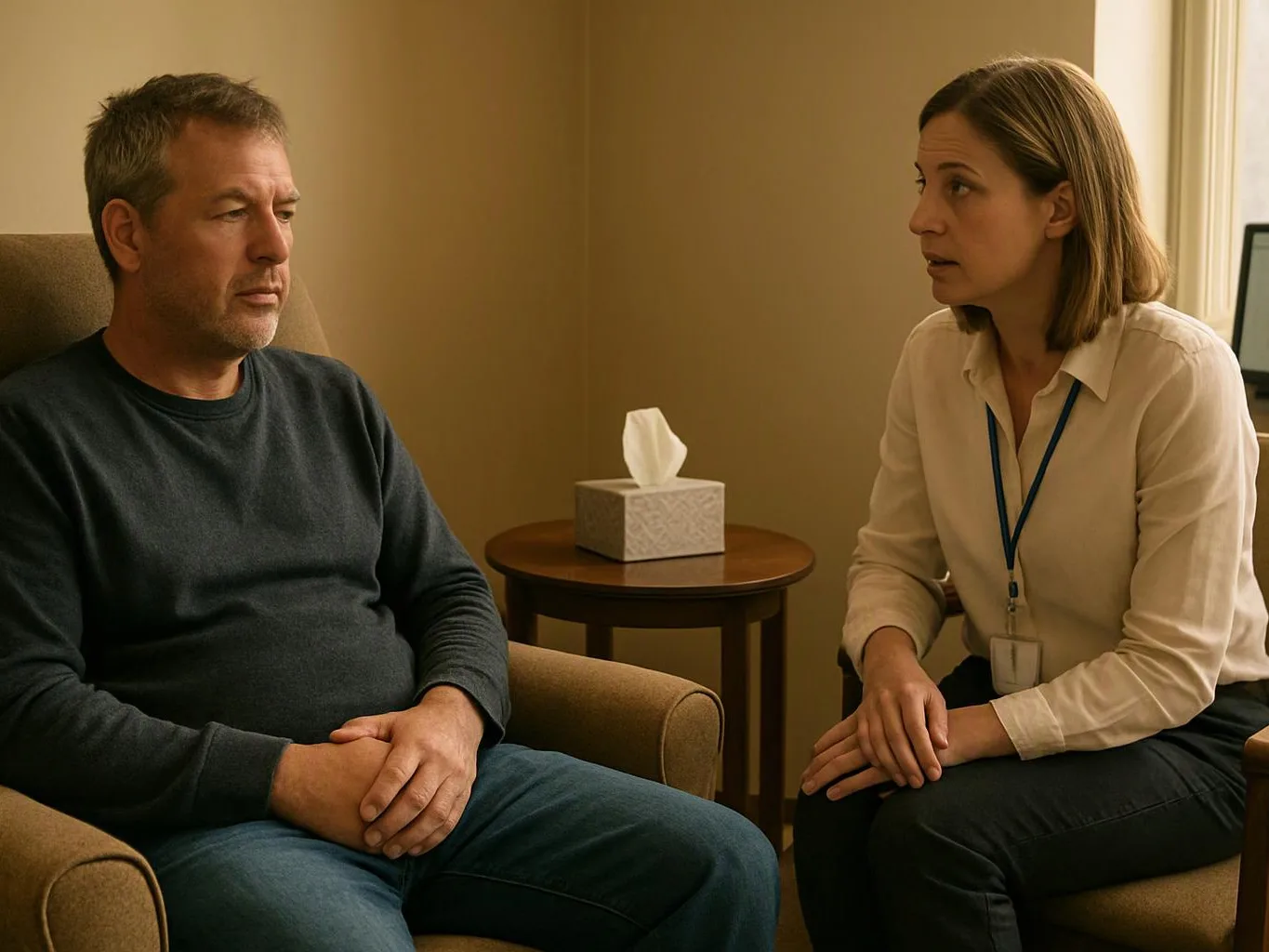A man sits in an armchair while a woman with a lanyard speaks to him in a small room