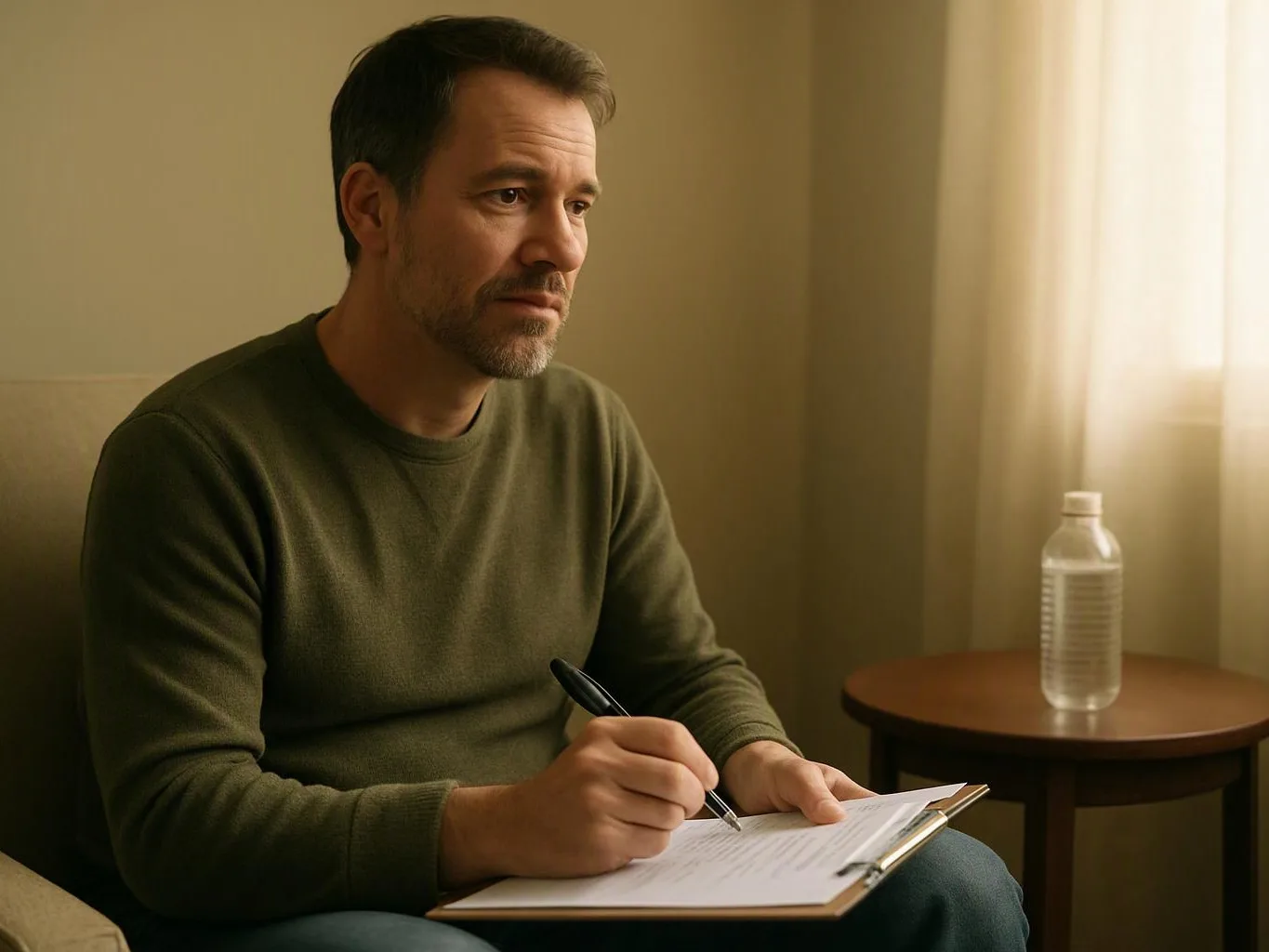 A man sits in a chair, writing on a clipboard beside a small table and water bottle in a quiet room