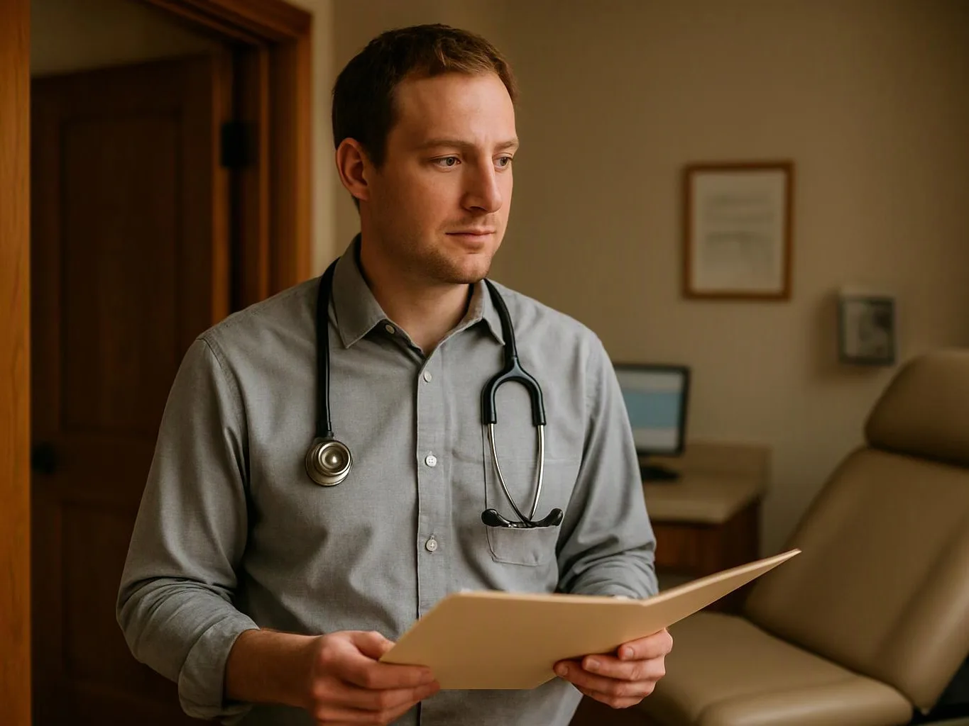 A man with a stethoscope holds a folder in a quiet exam room and looks to the side