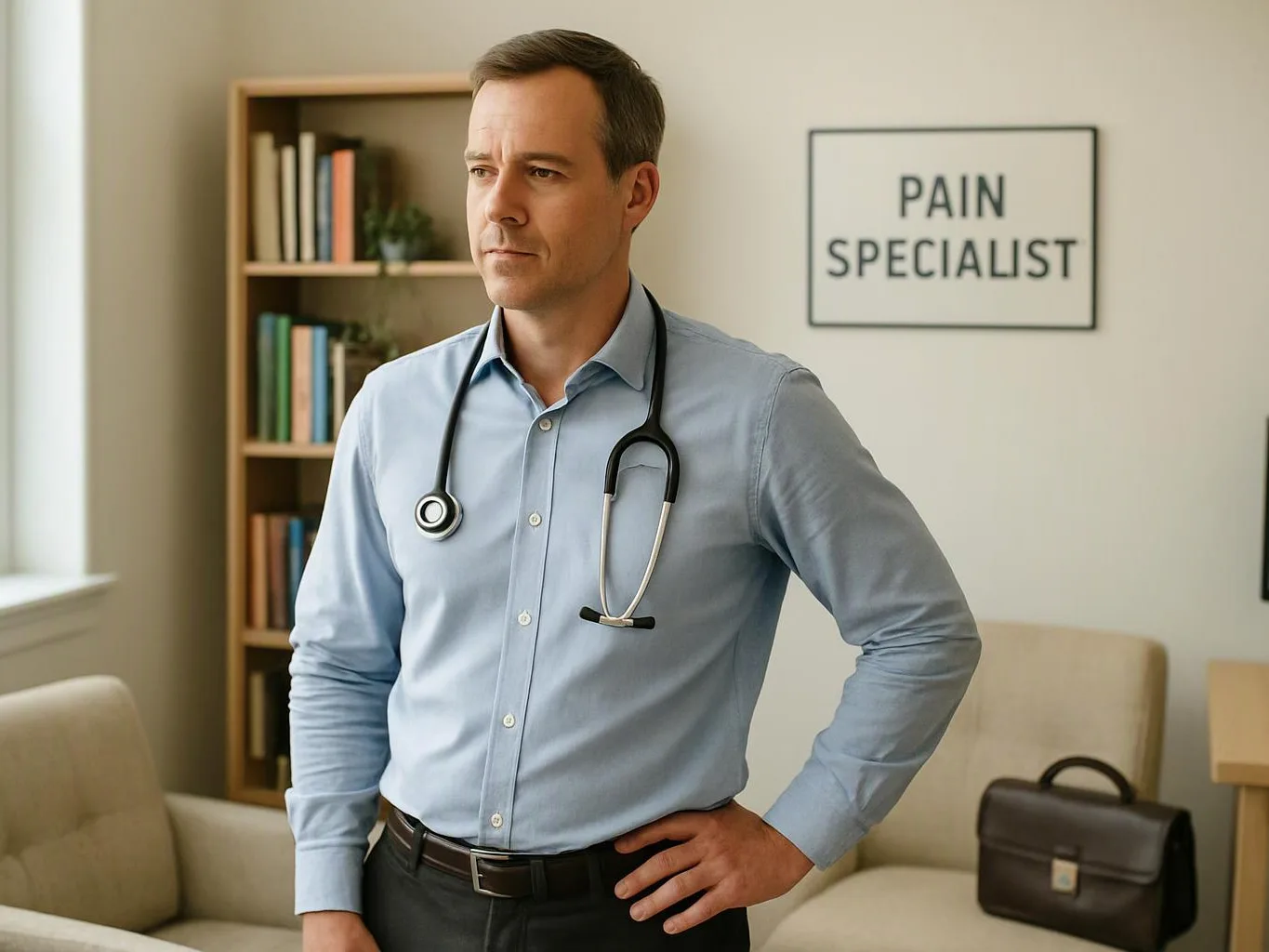 A man with a stethoscope stands in a clinic office beside a sign reading "PAIN SPECIALIST"