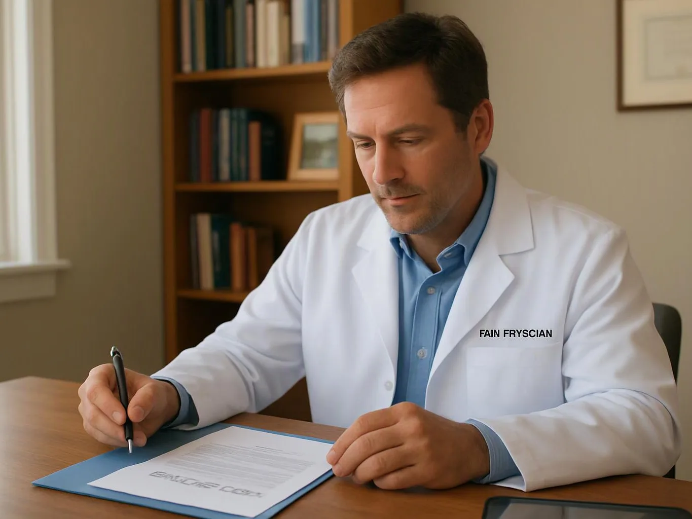 A man in a white coat writes on a form at a desk in a quiet office