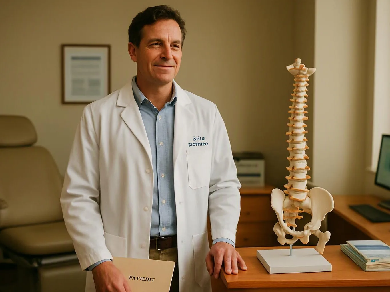 A man in a white lab coat stands beside a spine model in a tidy medical exam room