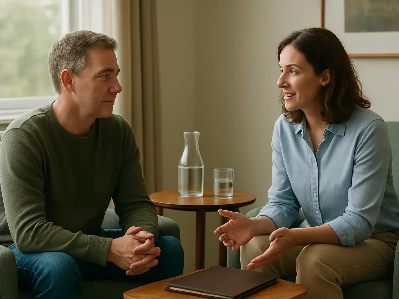 A man and woman sit facing each other in a living room, talking beside a water carafe and notebook