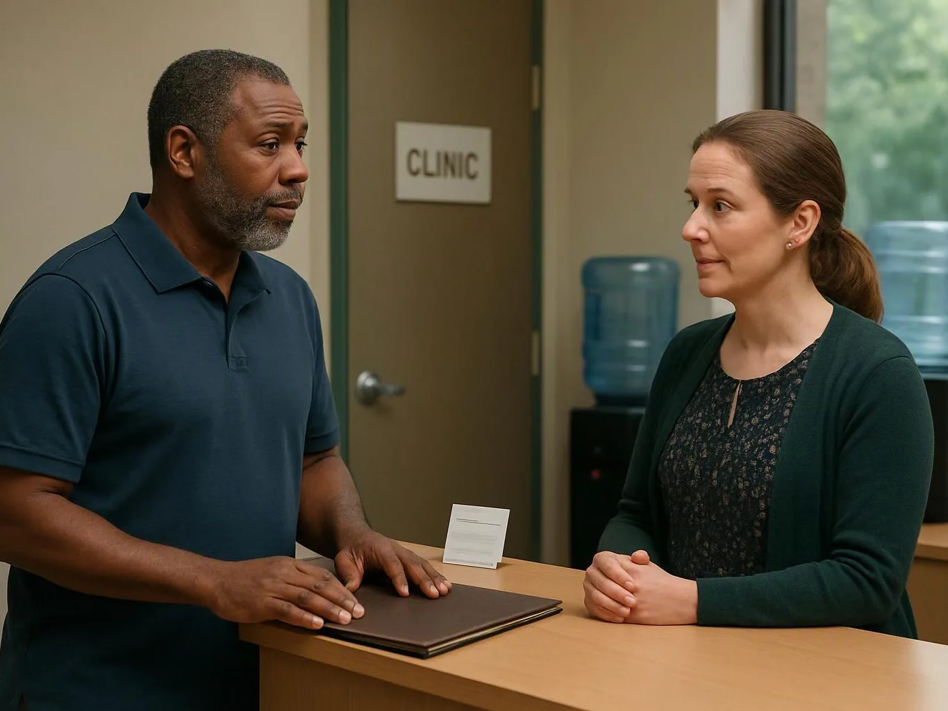 A man and woman stand at a clinic counter, facing each other beside a closed door and water cooler