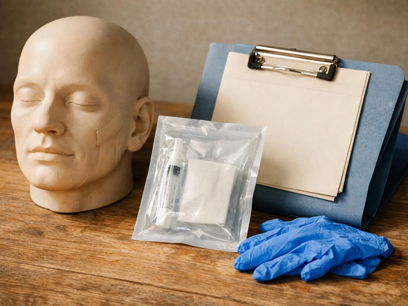 A mannequin head sits beside a clipboard, a sealed medical kit, and blue gloves on a wooden table