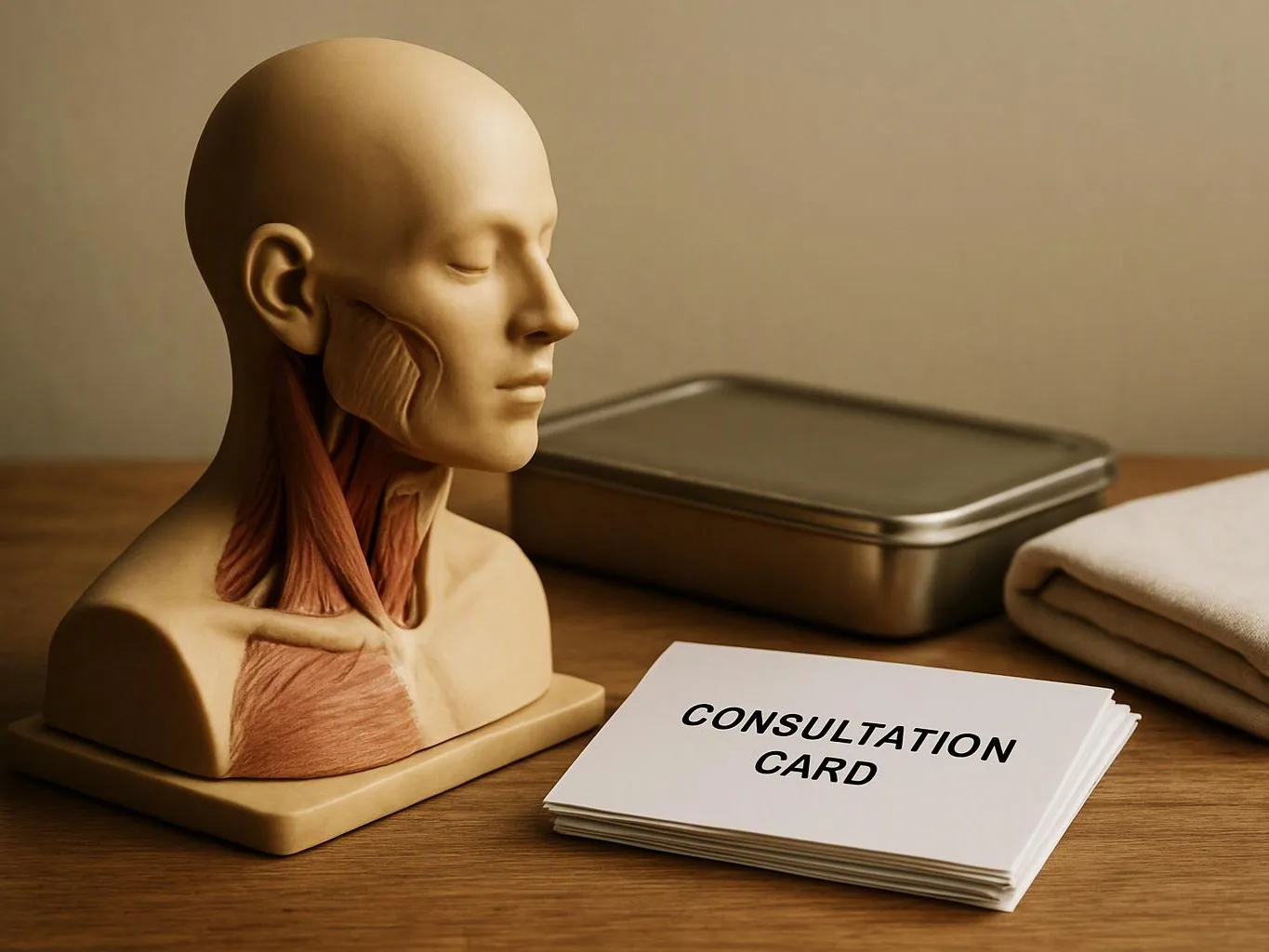 A medical anatomy bust sits on a wooden table beside a tin, folded cloth, and a card labeled “CONSULTATION CARD”