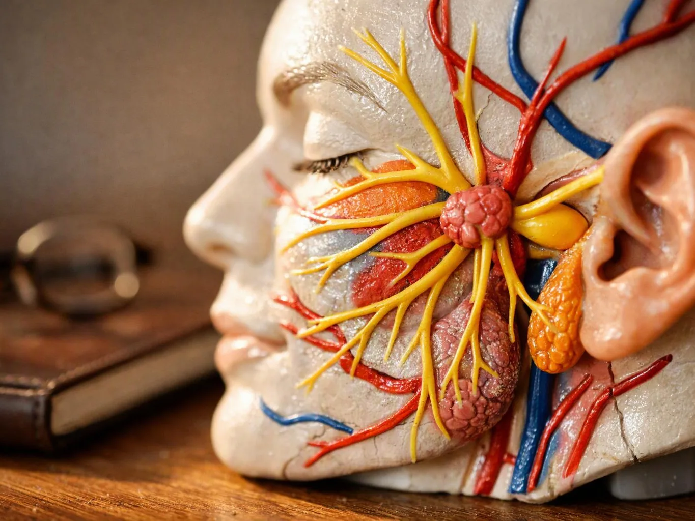 A medical anatomy model shows a face with colorful nerves and vessels on a wooden table