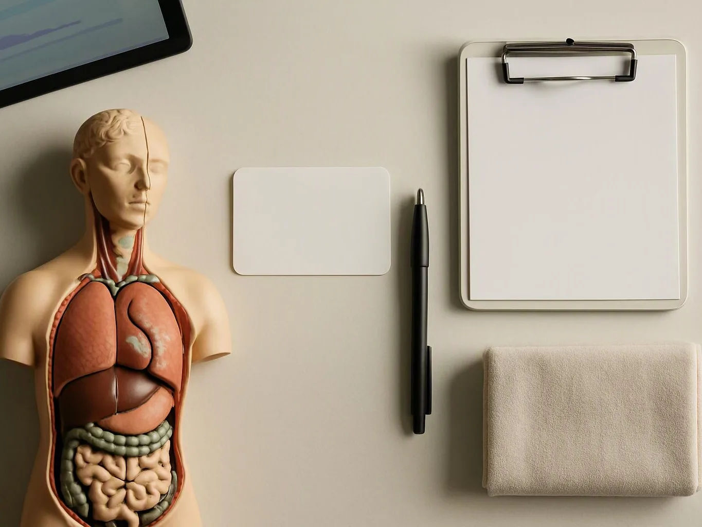 A medical anatomy model sits beside a blank clipboard, note card, pen, and folded towel on a beige table
