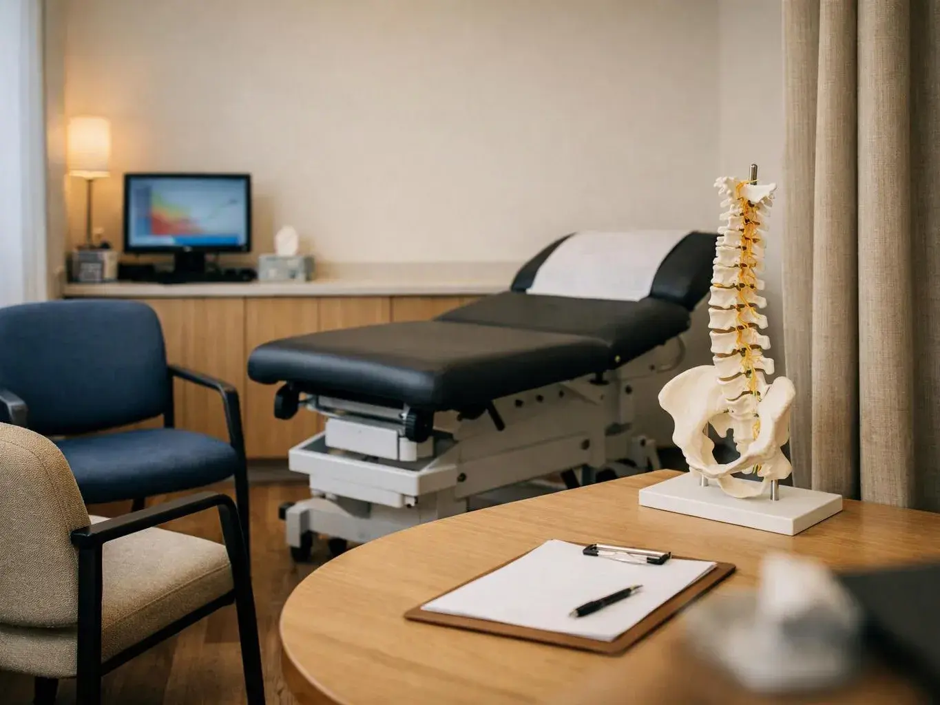 A medical exam room with an examination table, chairs, a desk, and a spine model on a round table