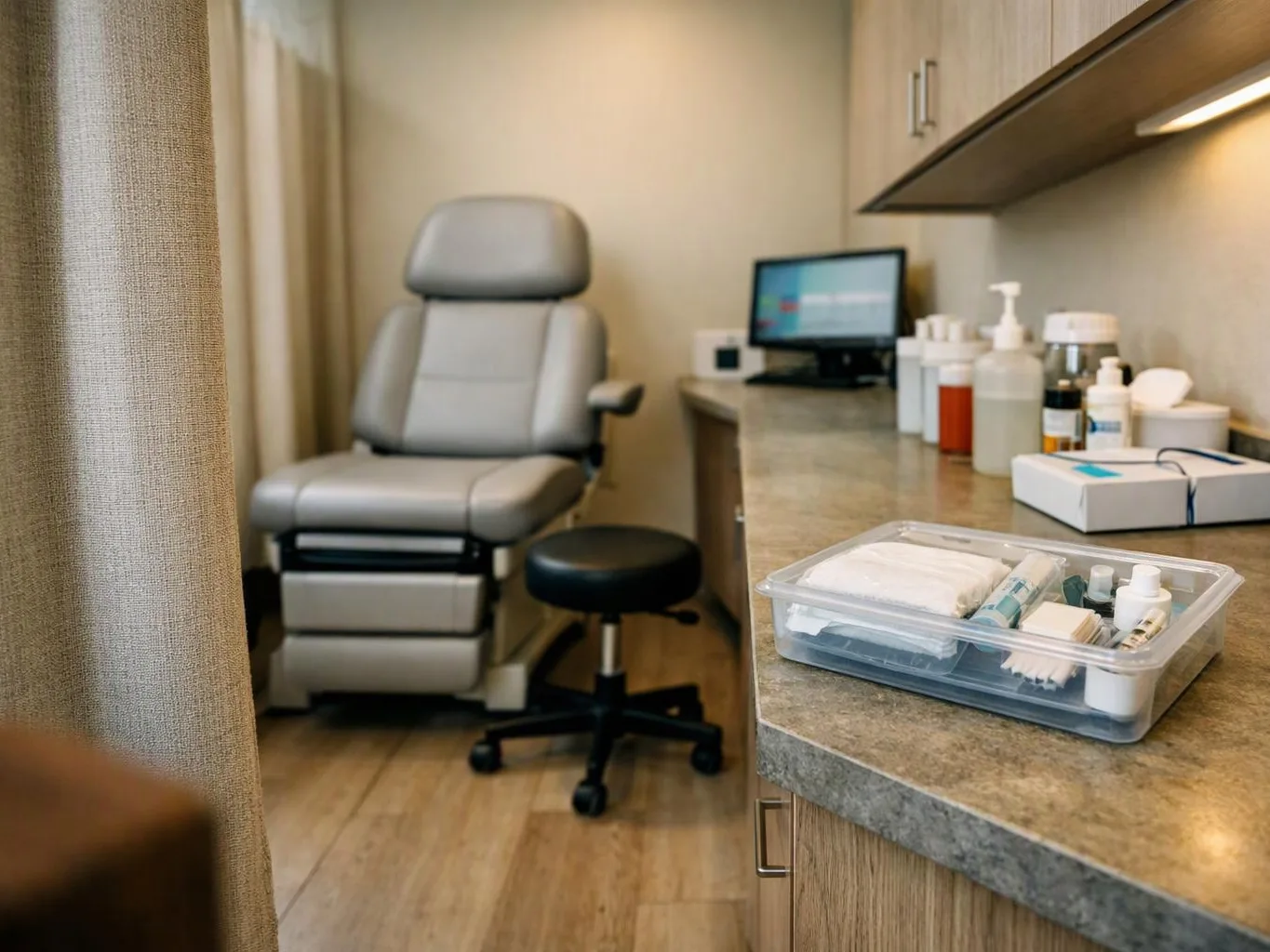A medical exam room shows an empty padded chair beside a counter with supplies and a monitor