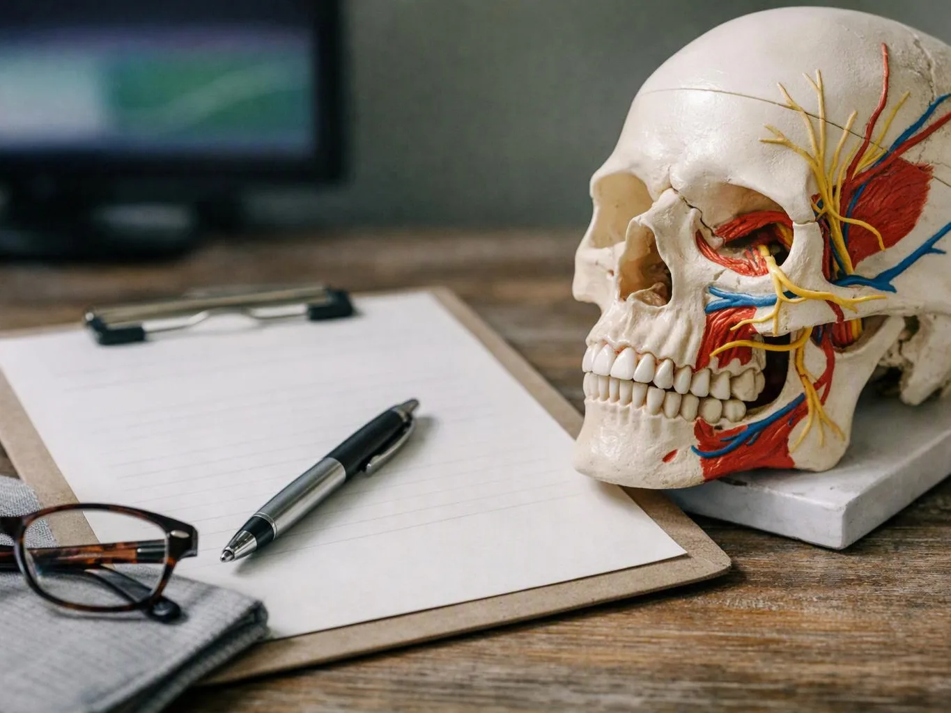A medical skull model sits beside a clipboard, pen, and eyeglasses on a wooden desk