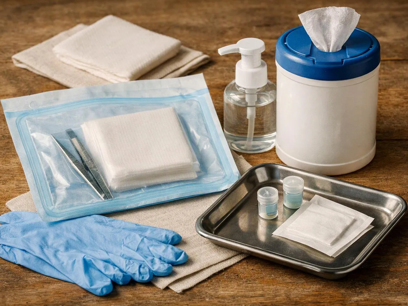 A medical supply kit sits on a wooden table with gloves, gauze, sanitizer, bandages, and small containers