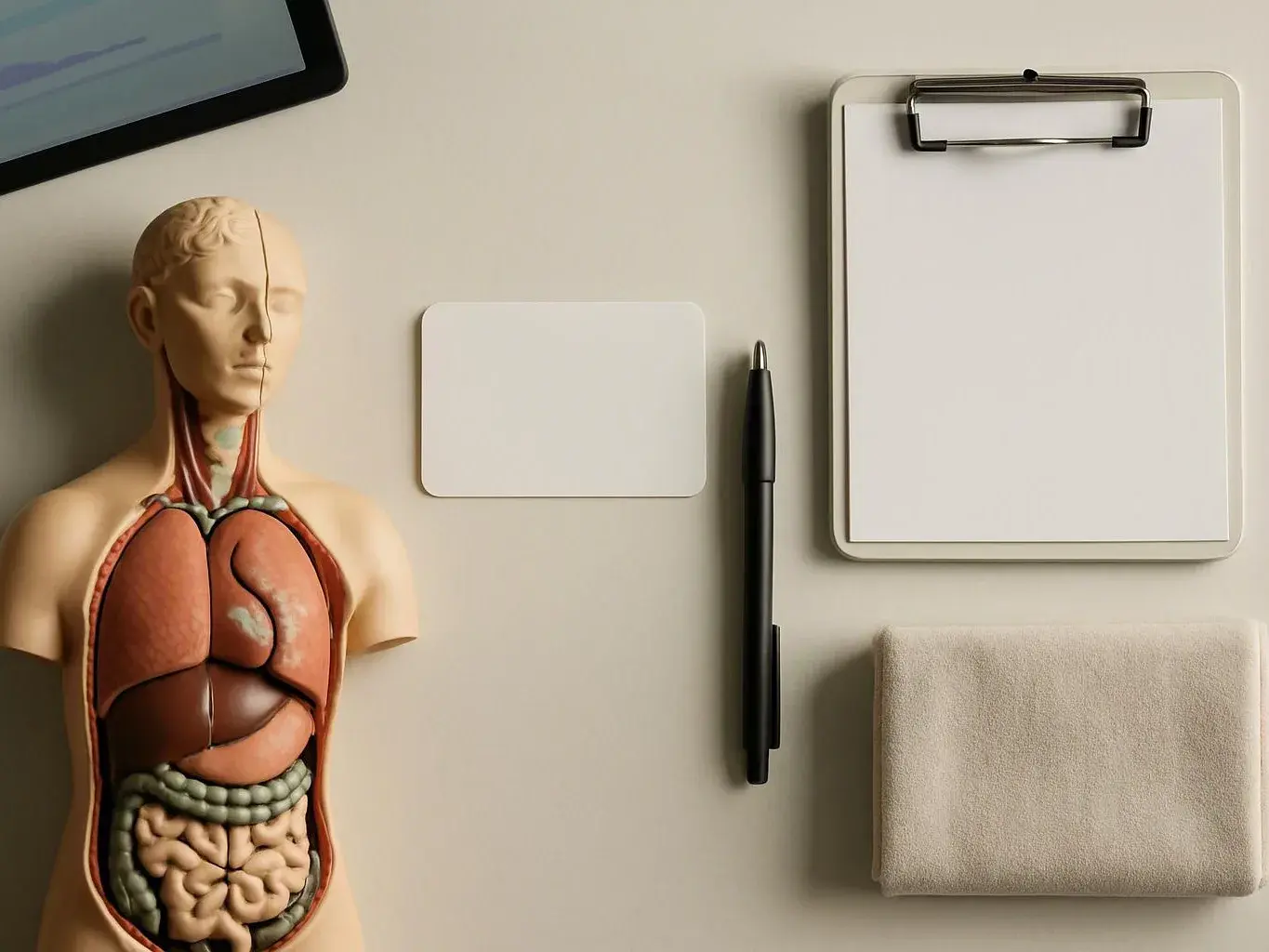 A medical torso model sits beside a blank clipboard, pen, card, tablet corner, and folded cloth on a desk