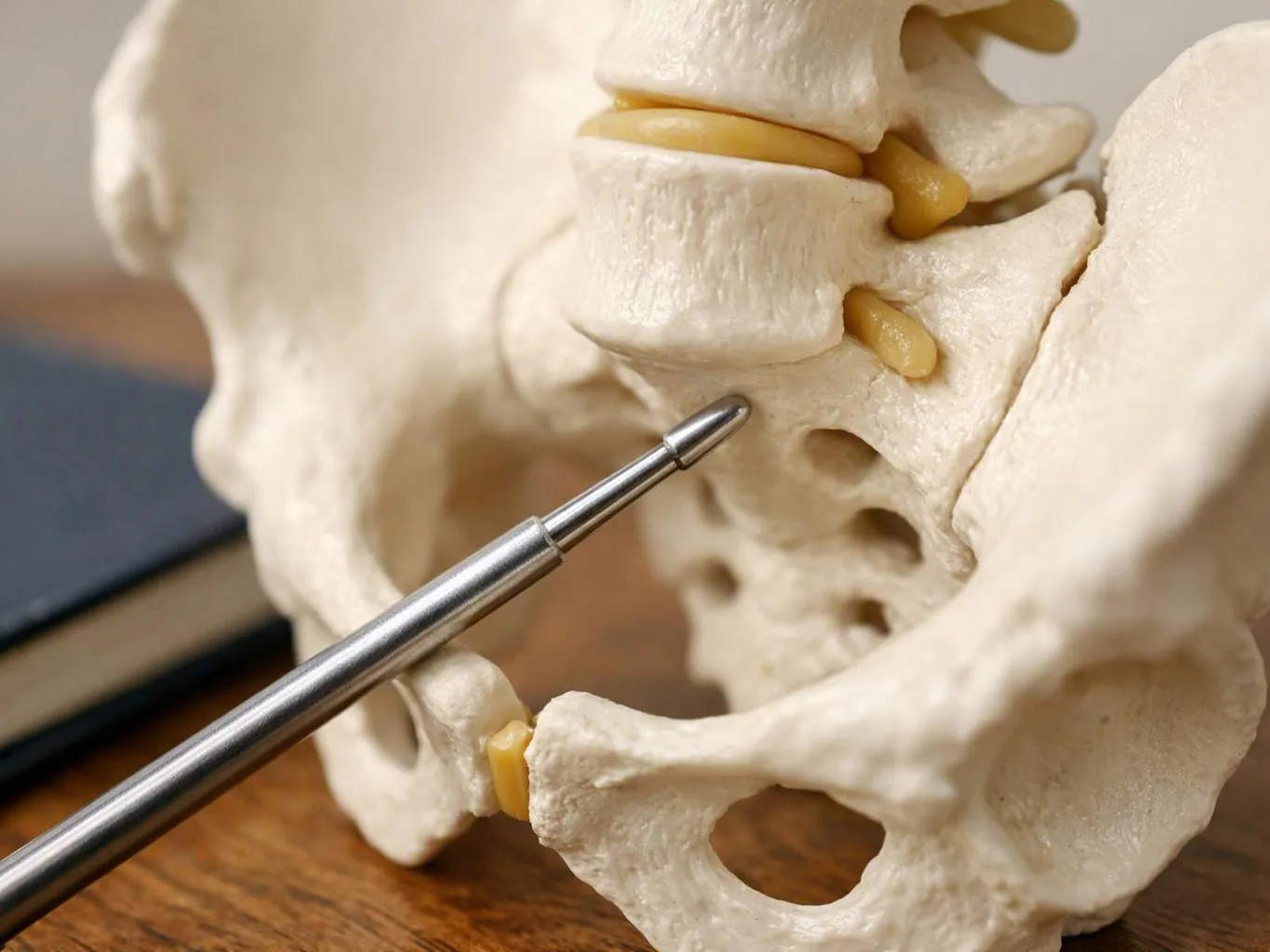 A metal pointer touches a plastic pelvis model on a wooden table with a book in the background