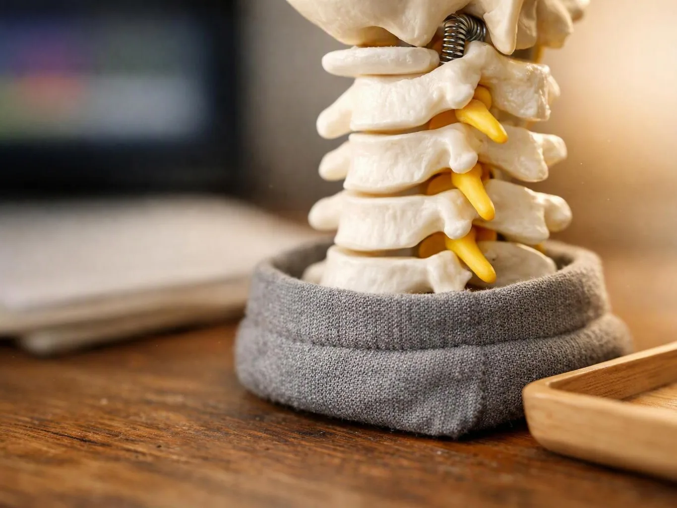 A model of stacked spine bones with yellow nerves sits on a wooden desk beside a blurred laptop