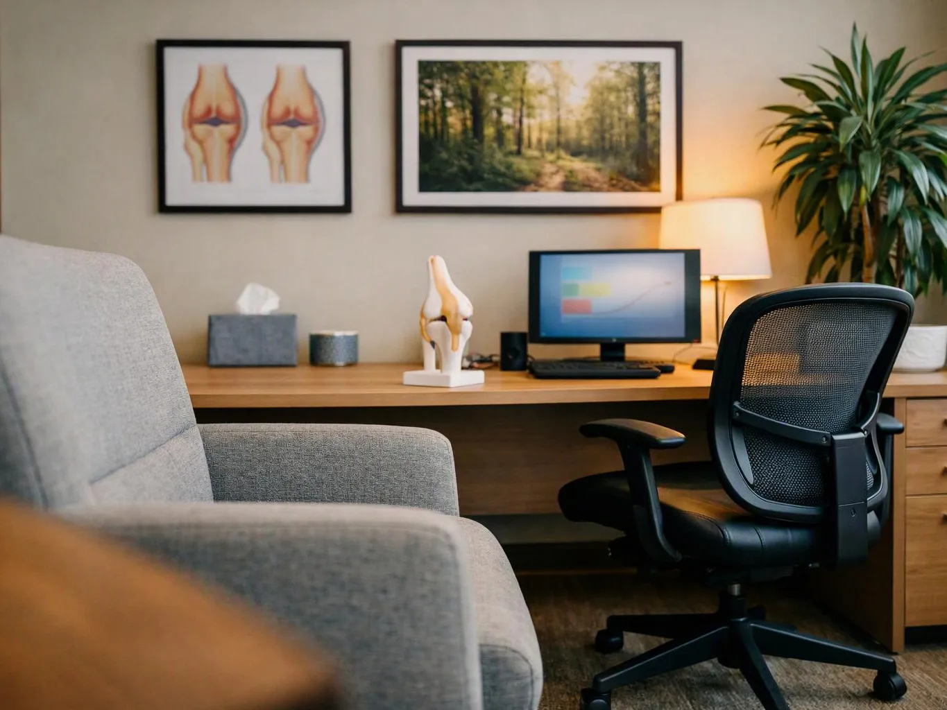 A neat office corner shows a desk, computer monitor, chairs, lamp, plants, and framed wall art