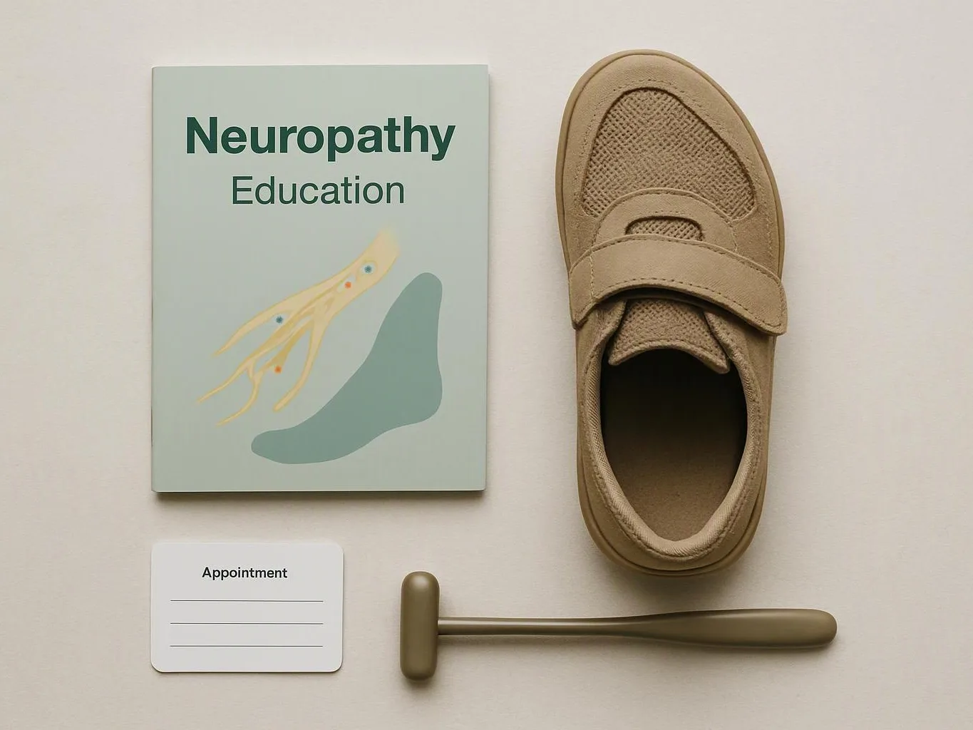 A neuropathy education booklet, a beige shoe, an appointment card, and a hammer-shaped reflex tool sit on a plain surface