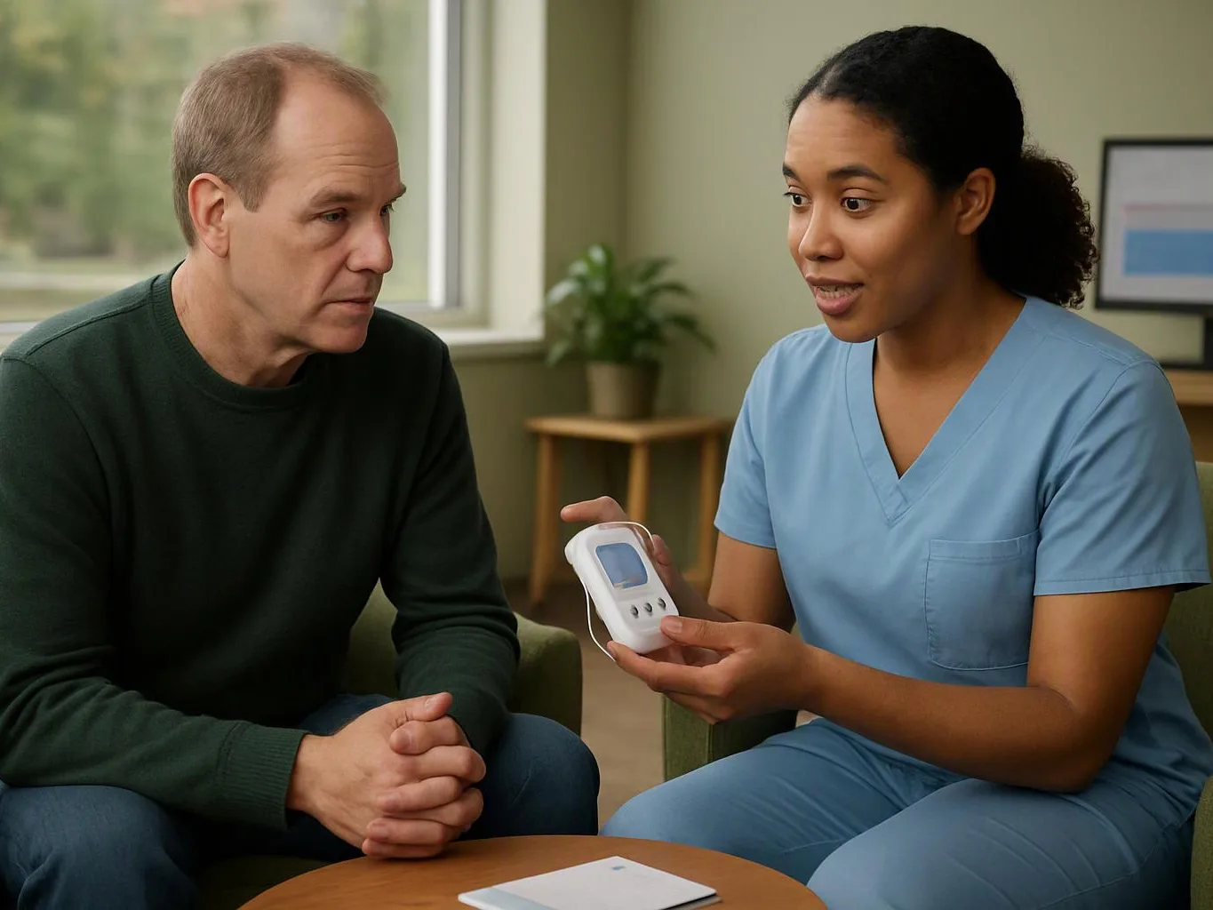 A nurse in blue scrubs shows a small handheld device to a seated man in a calm office room