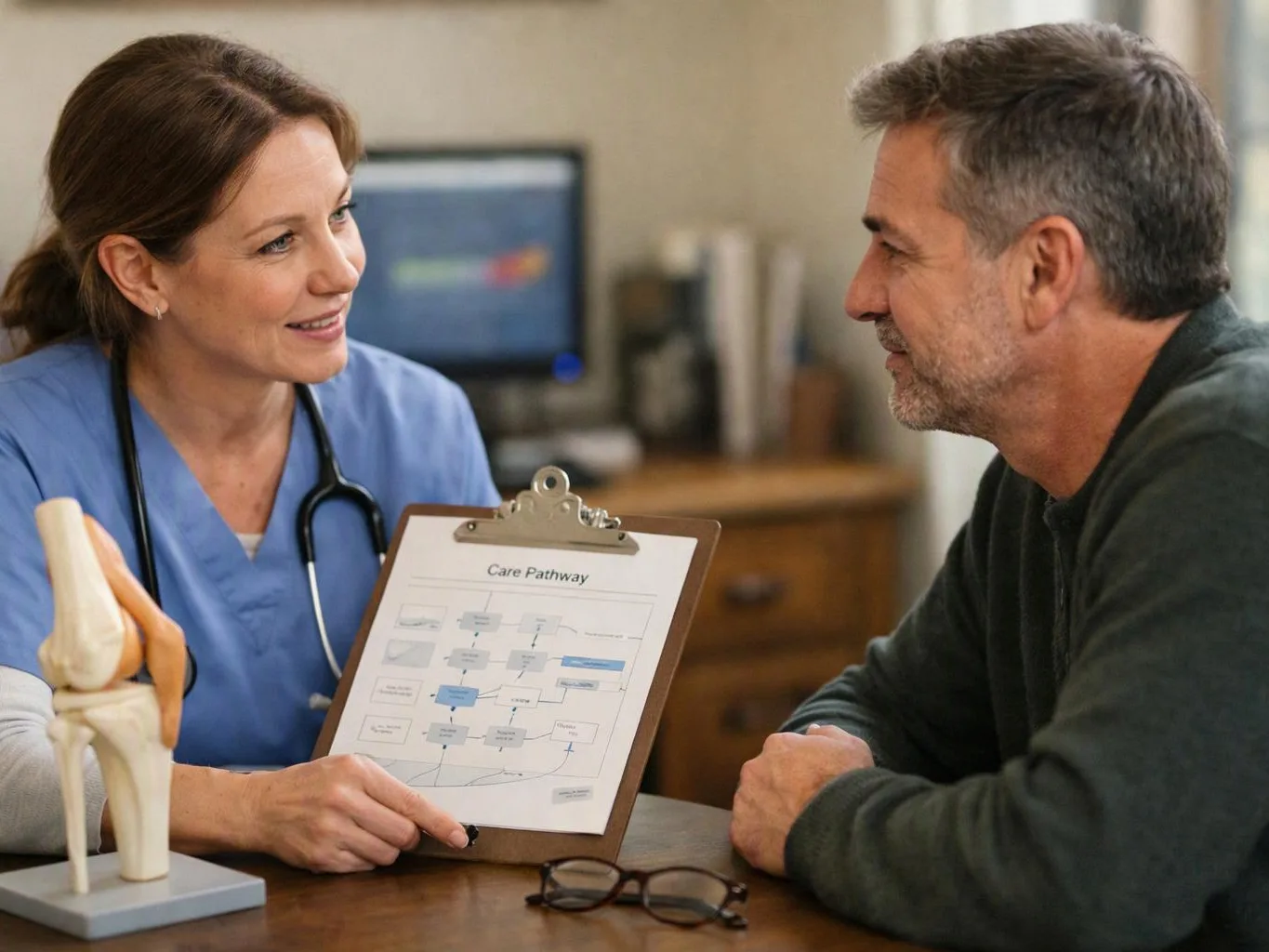 A nurse in blue scrubs talks with a man across a table, holding a clipboard with a care chart