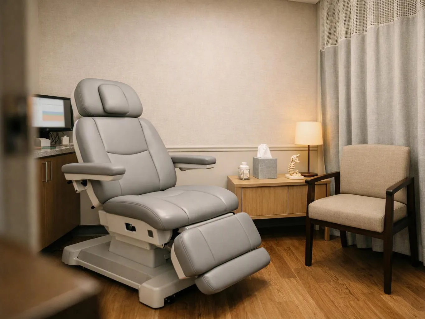 A padded medical chair sits beside a side table, lamp, tissues, and an empty visitor chair in a calm room