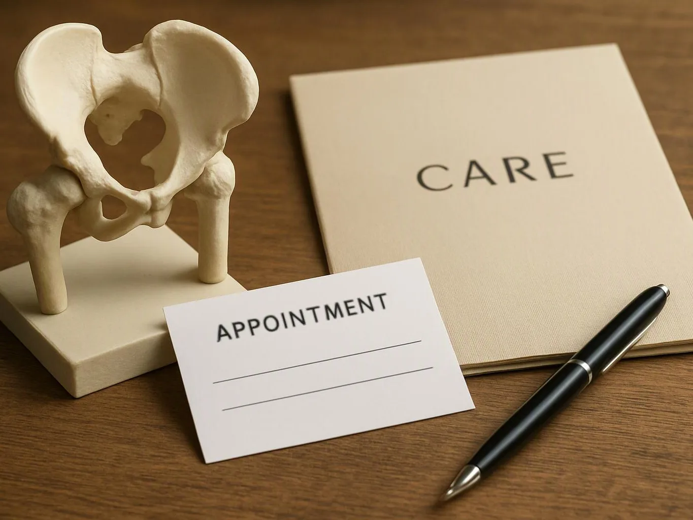 A pelvic bone model sits beside a care folder, appointment card, and pen on a wooden desk