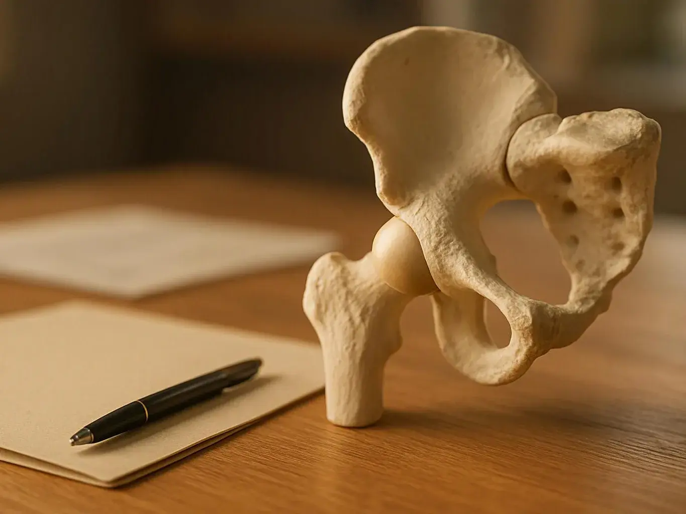 A pelvic bone model stands beside a pen and blank papers on a wooden desk
