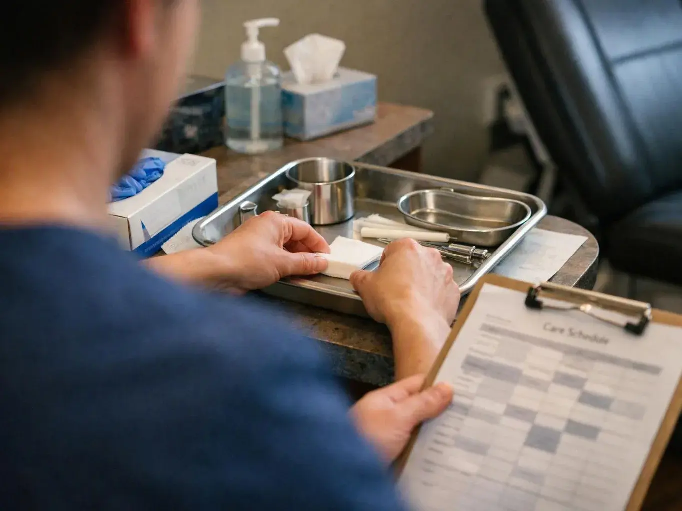 A person arranges medical tools on a tray while another holds a clipboard in a clinic room