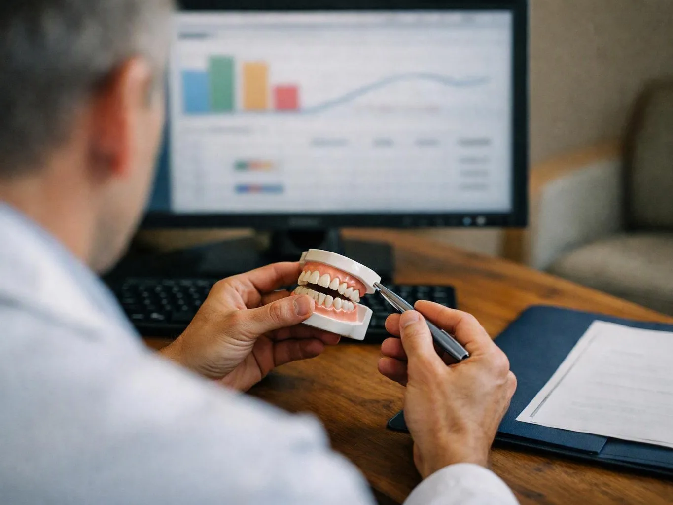 A person at a desk holds a dental model and points to it with a pen in front of a charted monitor