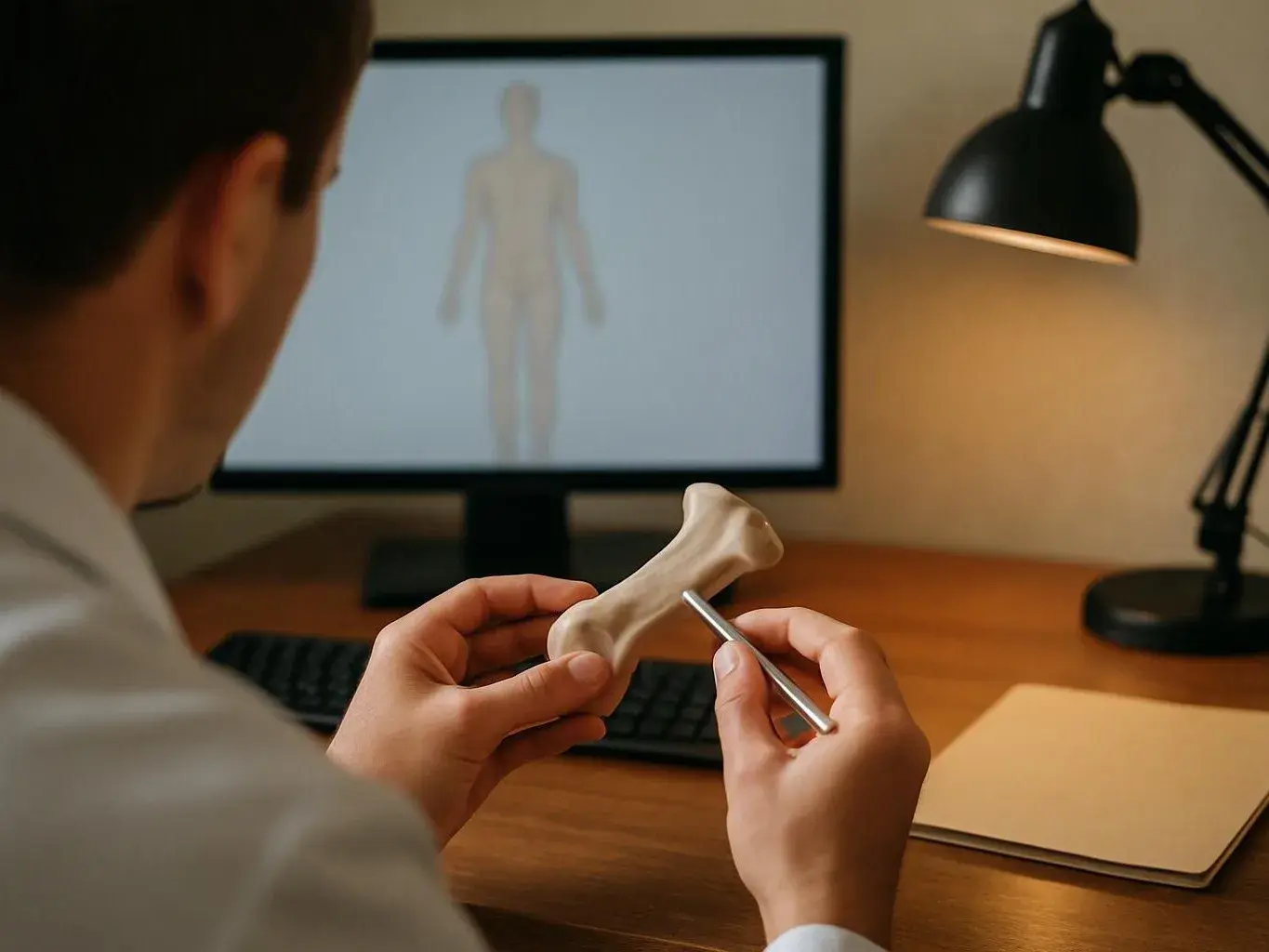 A person examines a bone model at a desk with a computer monitor and lamp behind them