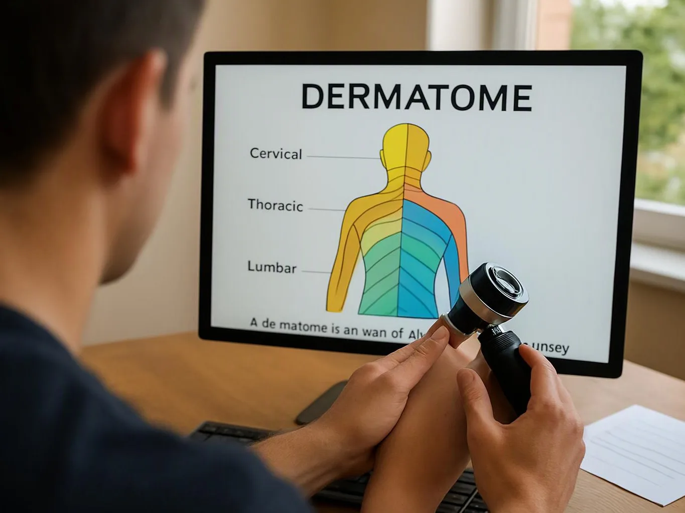 A person examines a handheld light near a monitor showing a colored dermatome body diagram indoors