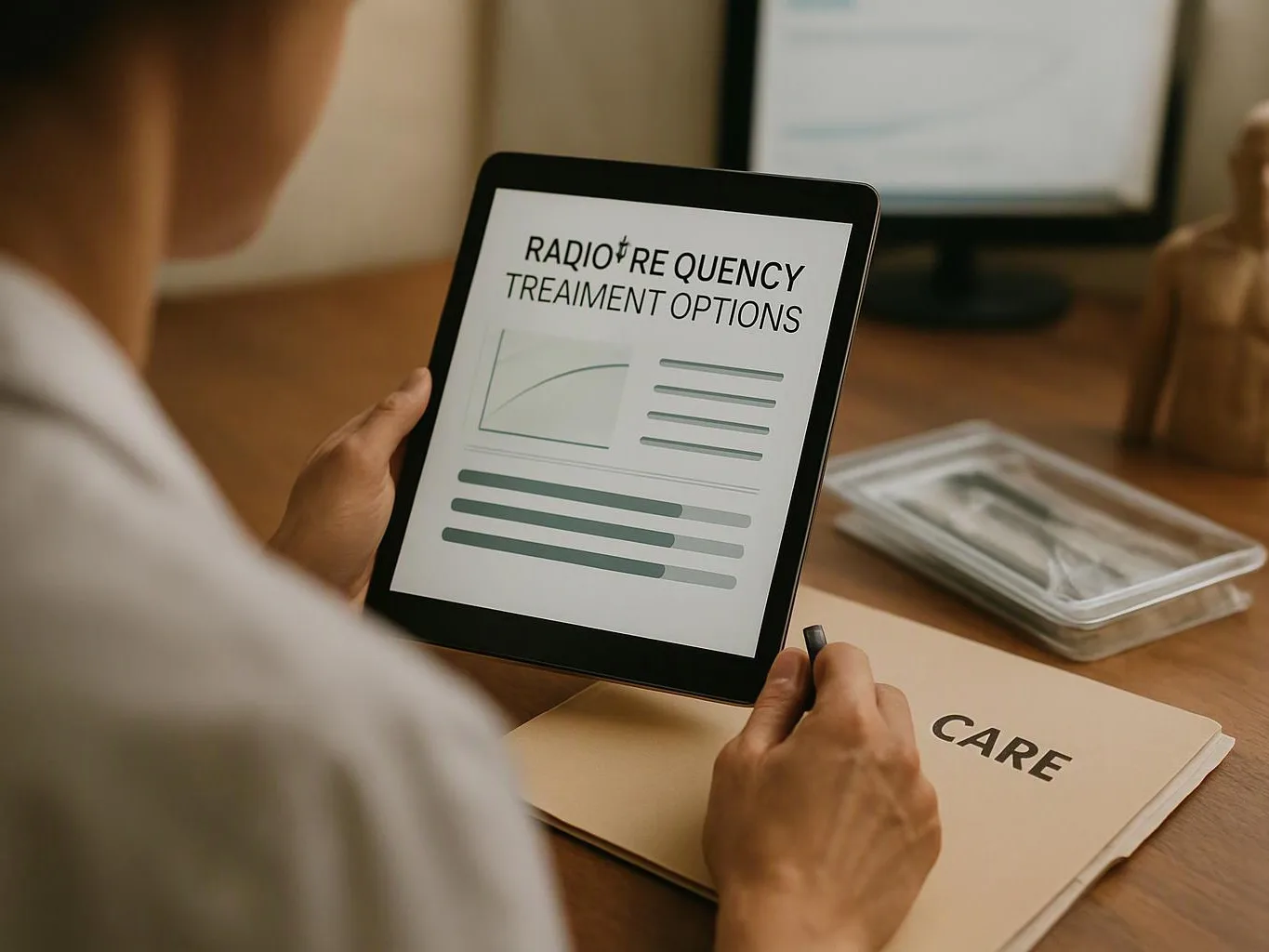 Person holding a tablet showing “RADIOFREQUENCY TREATMENT OPTIONS” at a desk with a folder labeled “CARE”