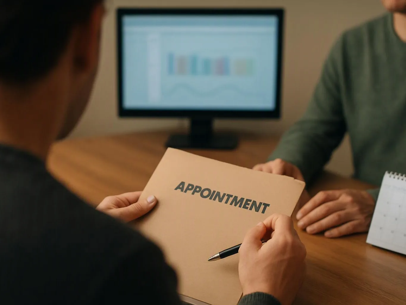 A person holds an appointment folder across a desk while another sits nearby and a monitor glows in the background