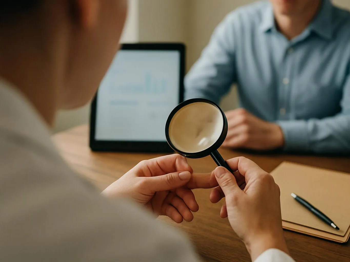 A person holds a magnifying glass at a desk while another person sits across from a blurred laptop and notebook