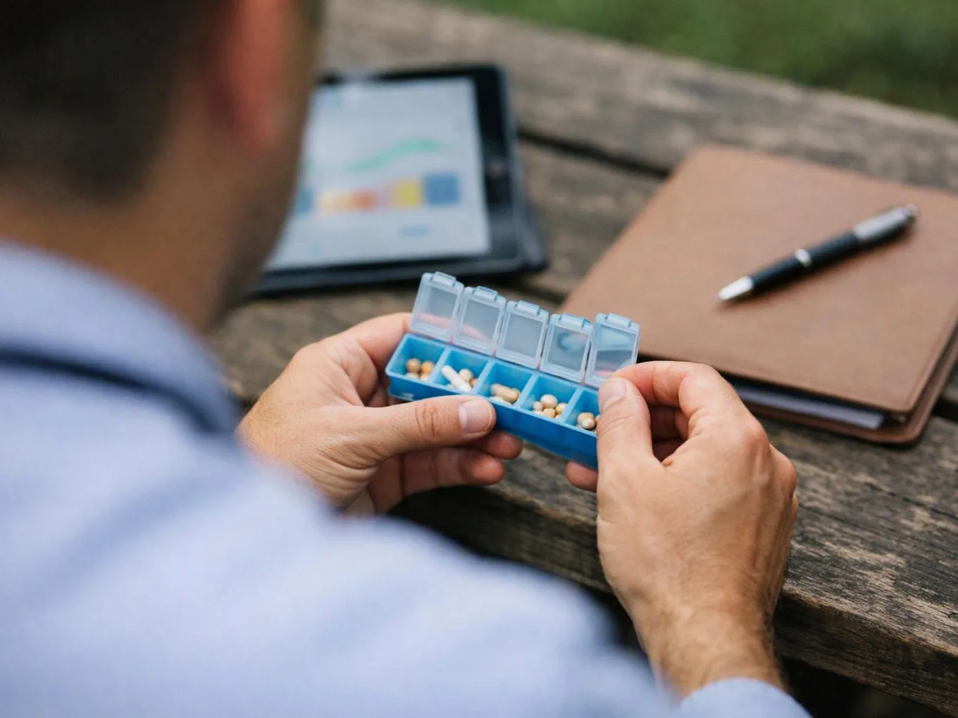 A person holds an open blue pill organizer at a wooden table with a notebook, pen, and tablet nearby