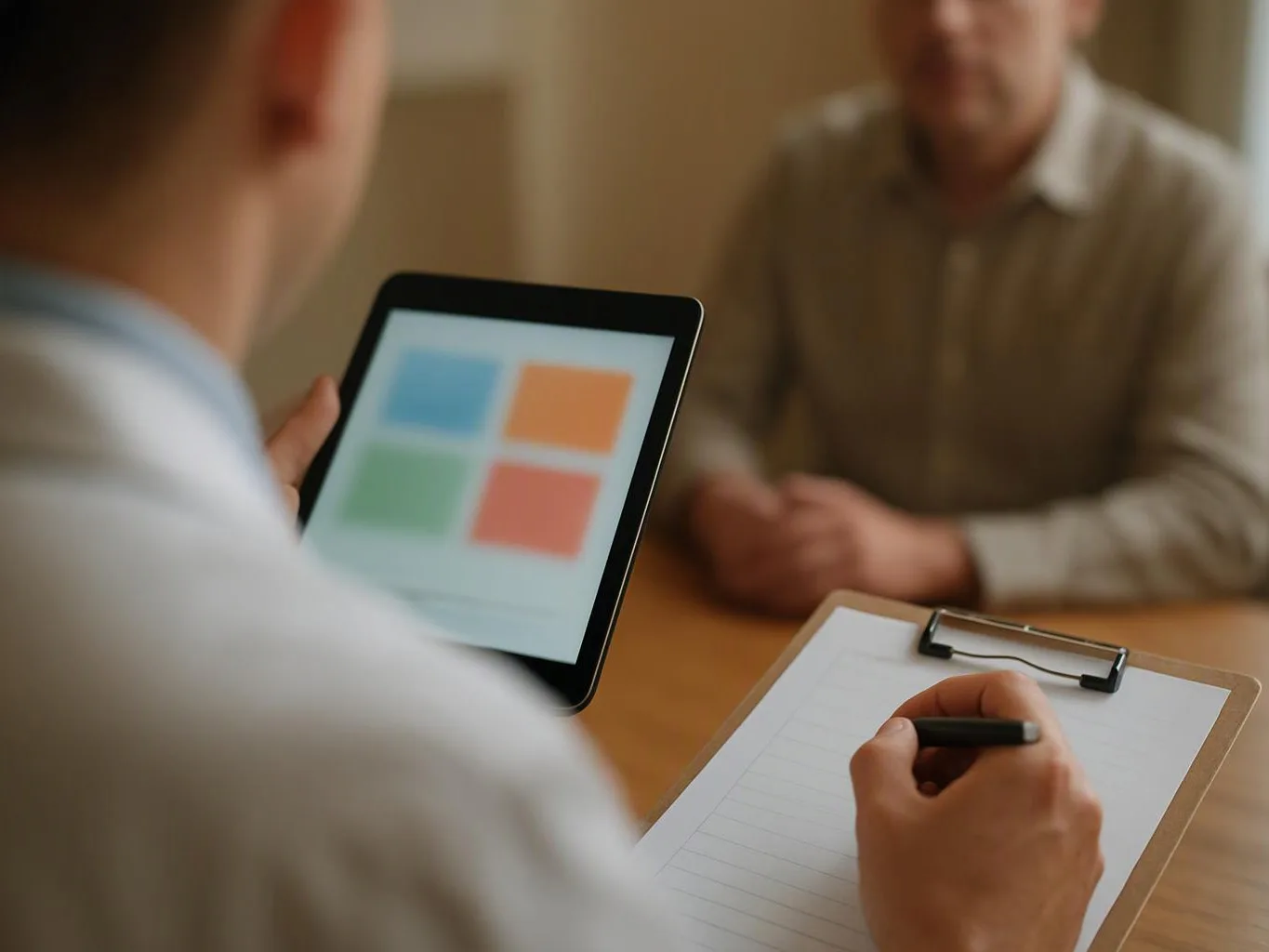 A person holds a tablet with colored blocks while writing on a clipboard across from a blurred seated man