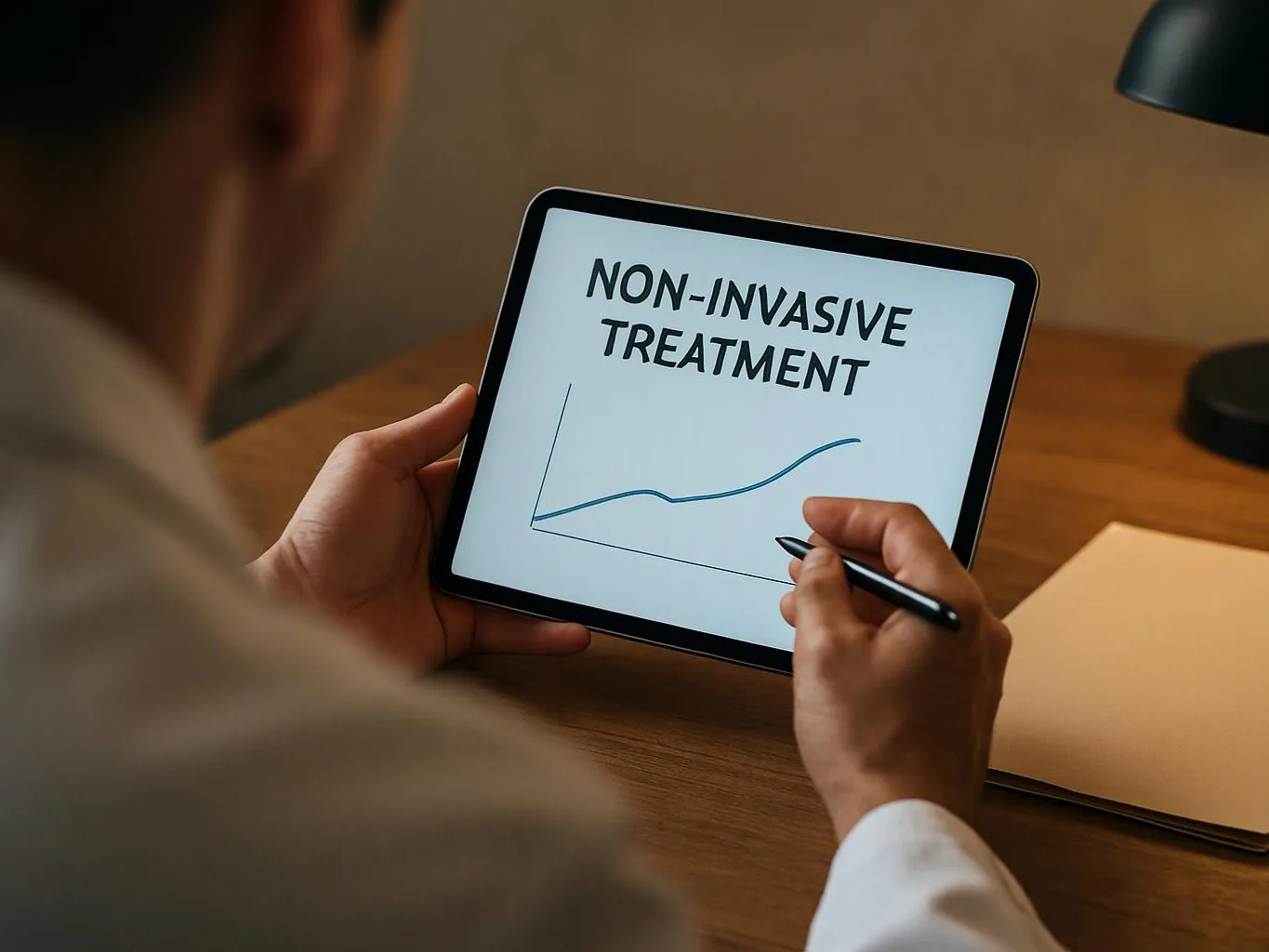 A person holds a tablet showing “NON-INVASIVE TREATMENT” and a rising line graph at a desk