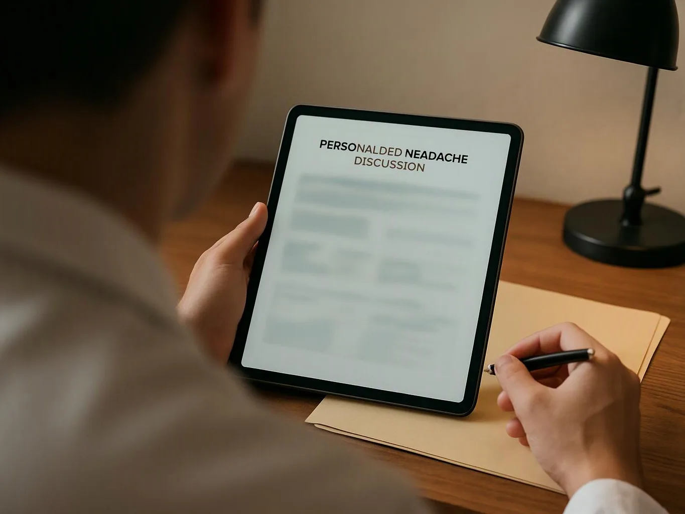 A person holds a tablet showing “PERSONALED NEADACHE DISCUSSION” while writing at a desk beside a lamp