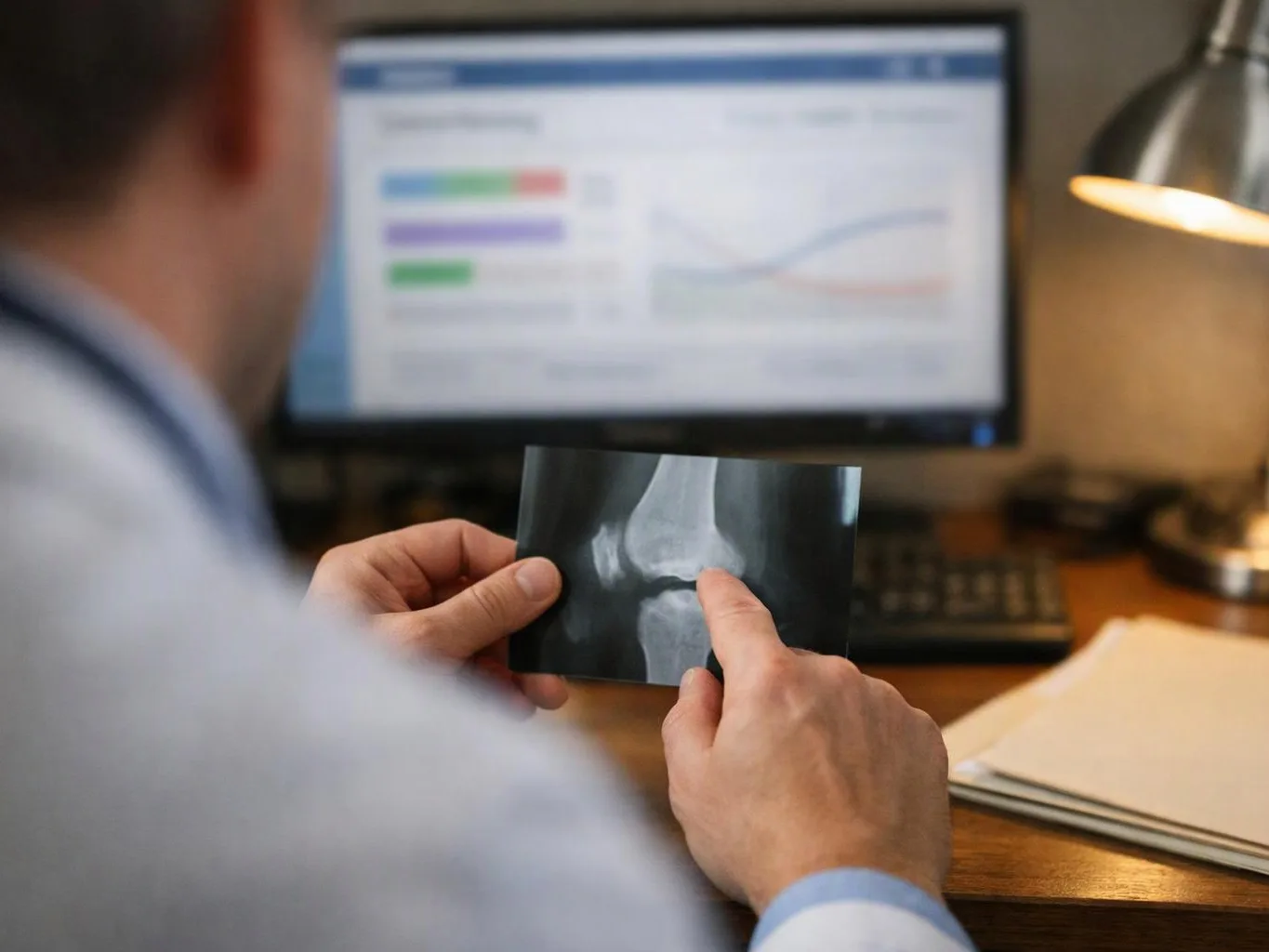 A person holds an X-ray film and points at a knee image beside a glowing desk lamp and computer monitor