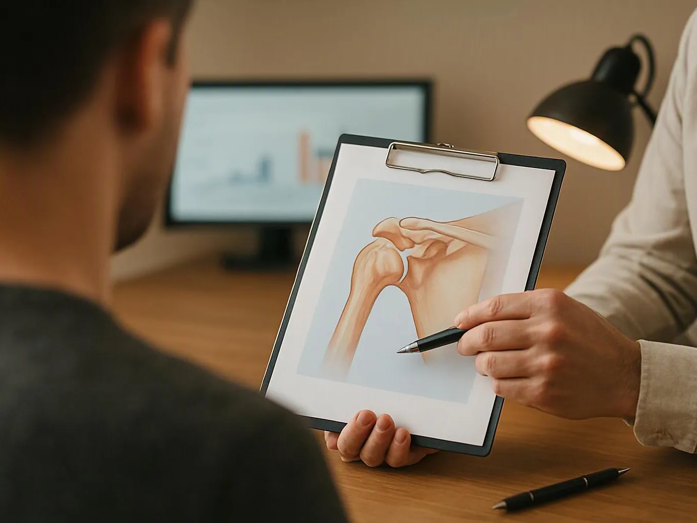 A person points at a clipboard showing a shoulder anatomy drawing during a desk consultation