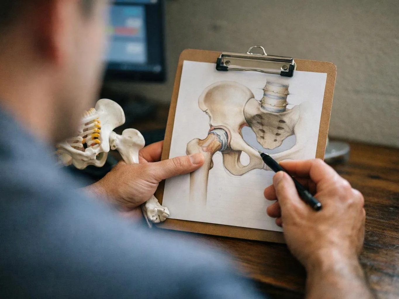 A person points at a hip joint drawing on a clipboard beside a plastic skeleton model
