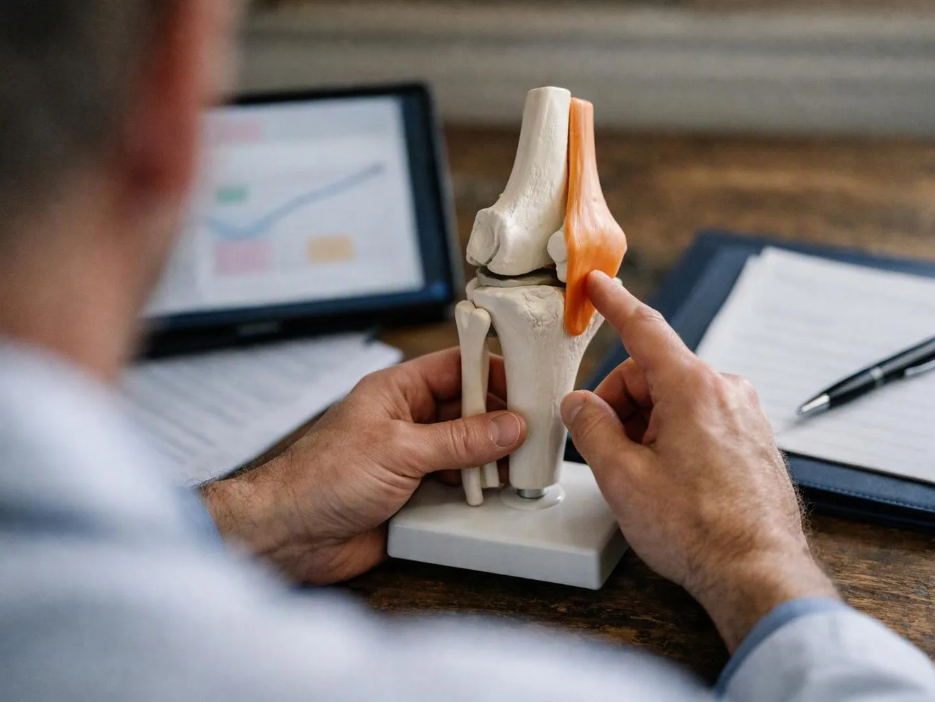 A person points at a knee joint model on a desk beside a tablet and notepad