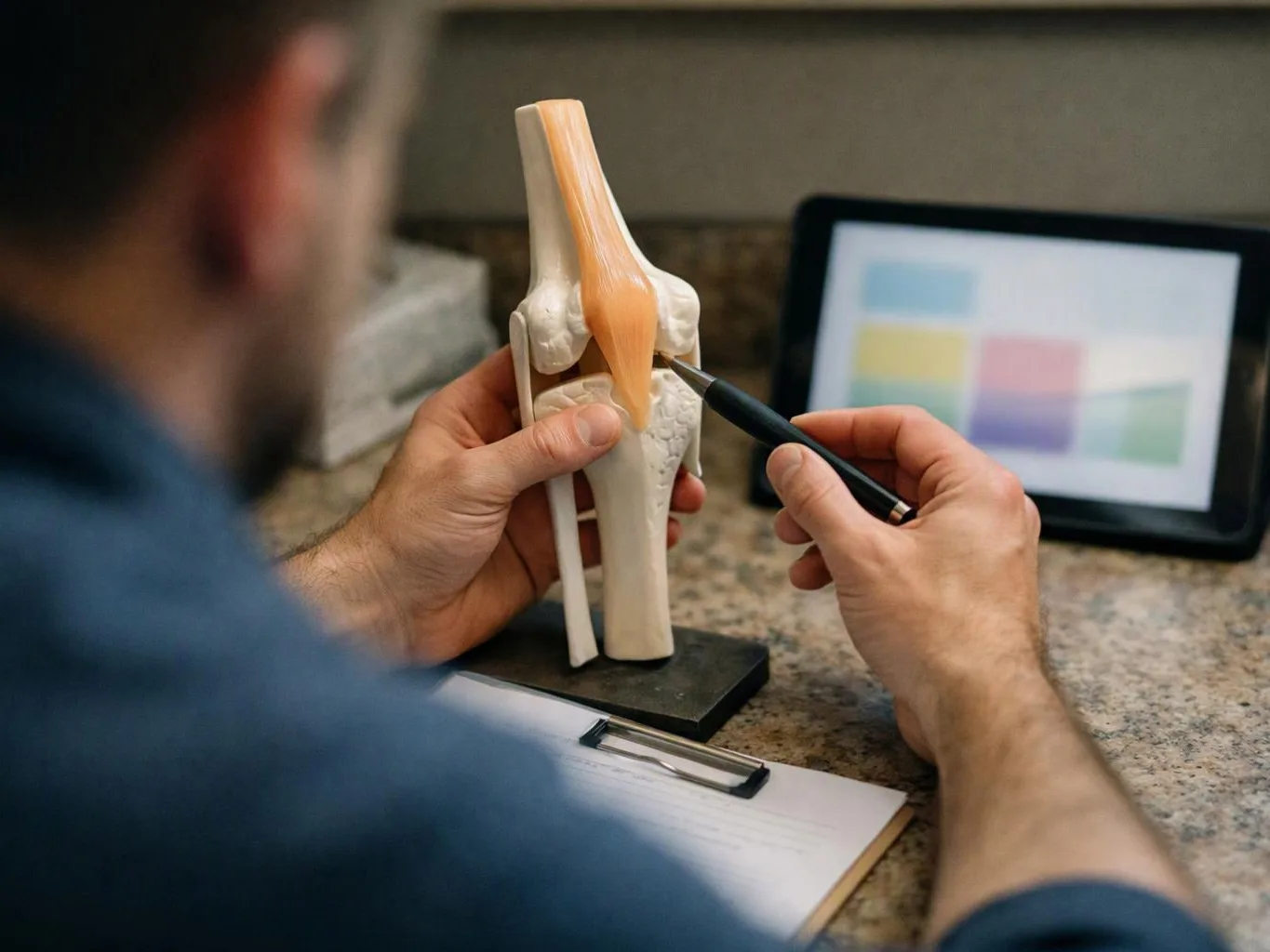 A person points at a knee joint model with a pen beside a tablet on a desk