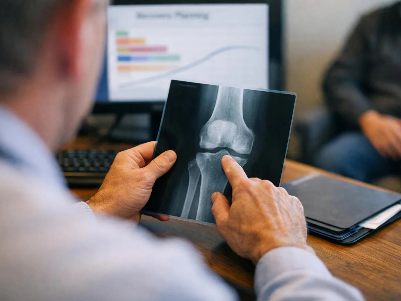 A person points to a knee X-ray while sitting at a desk with a blurred computer screen behind them