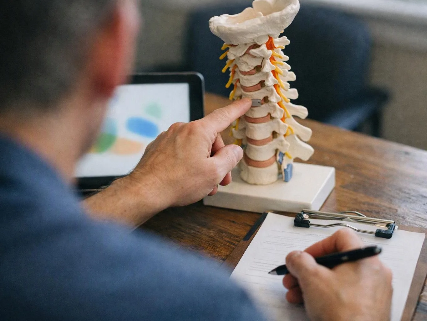 A person points at a spine model while writing on a clipboard at a wooden desk
