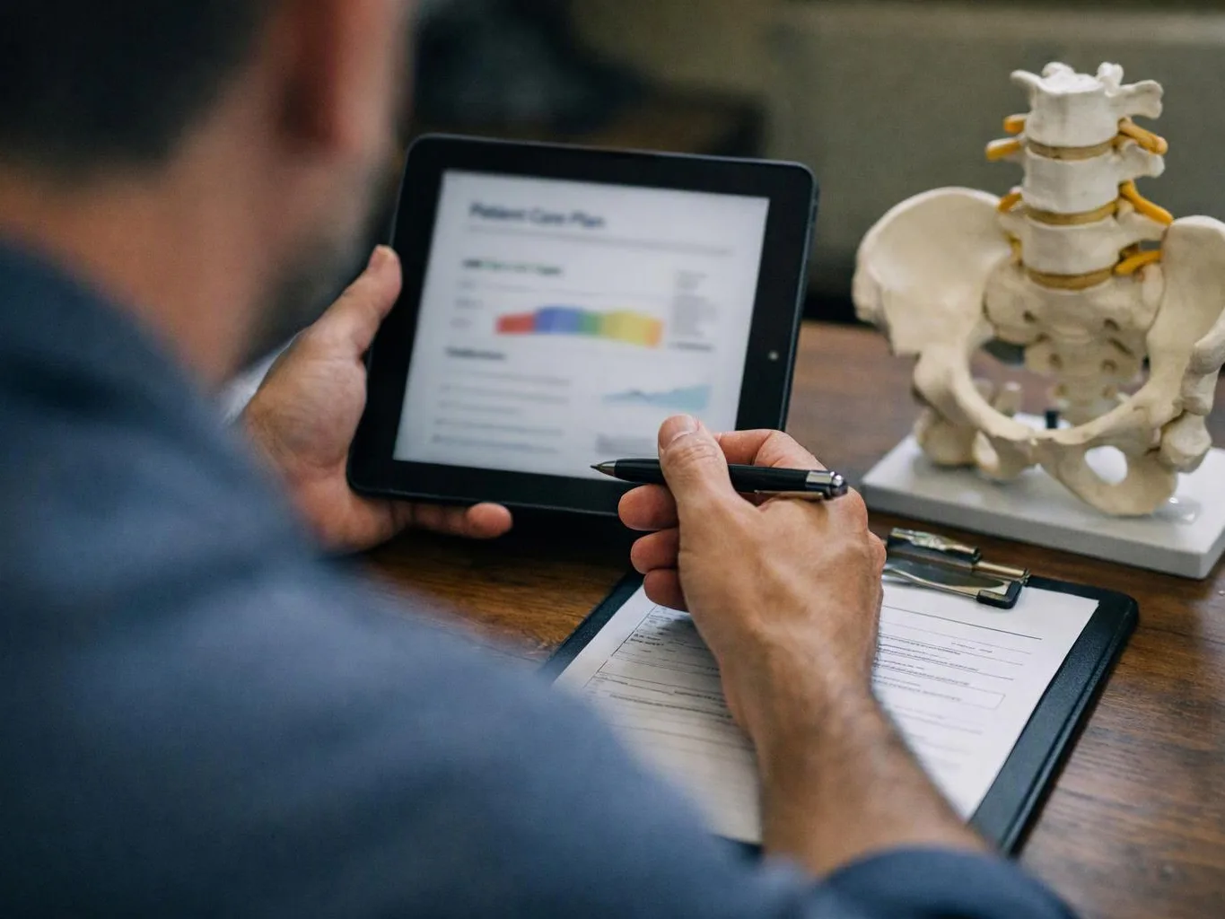 A person reviews a tablet beside a spine model while holding a pen over a clipboard on a desk