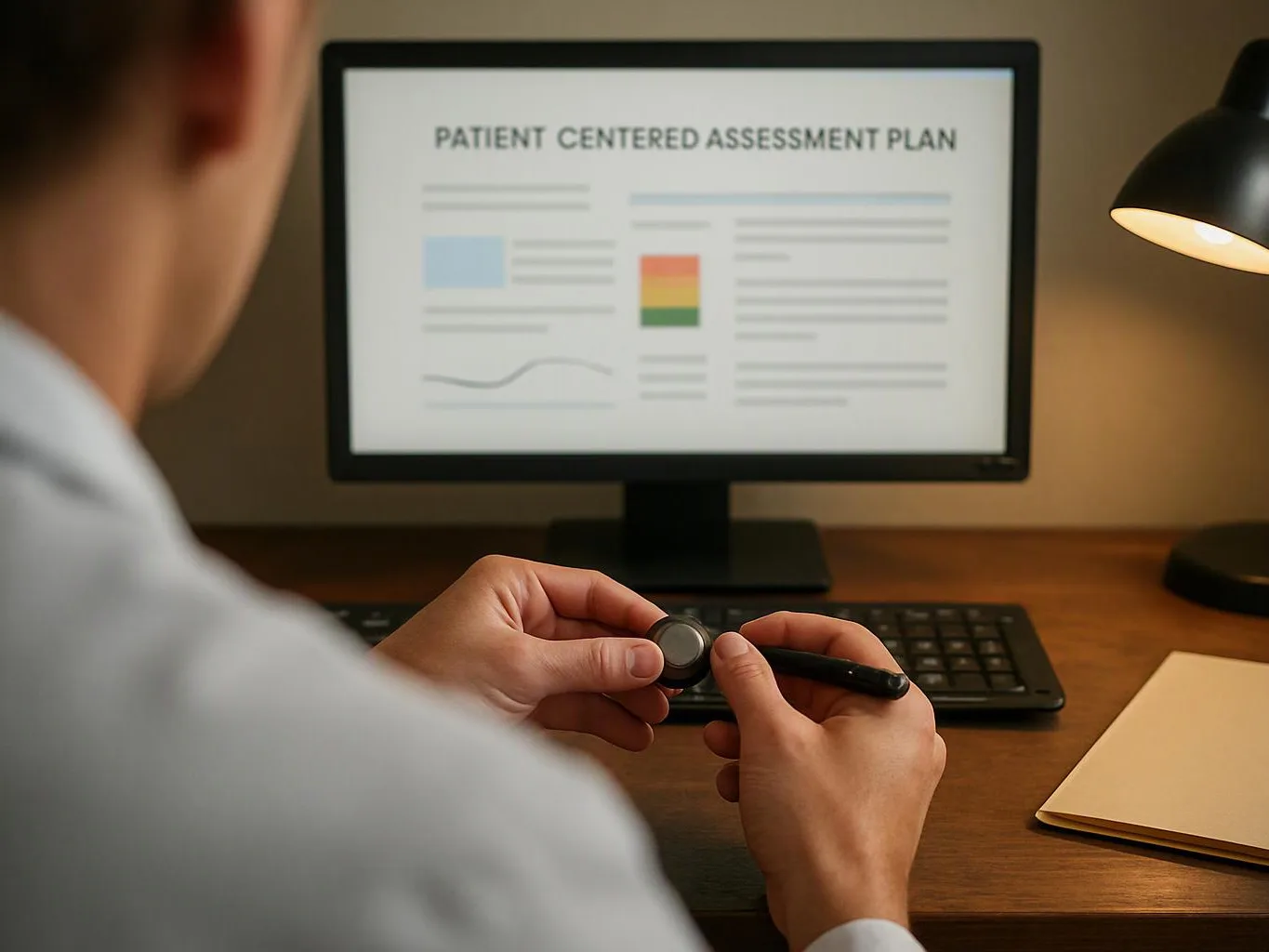 A person sits at a desk, holding a pen and round object while viewing a screen with a patient centered assessment plan