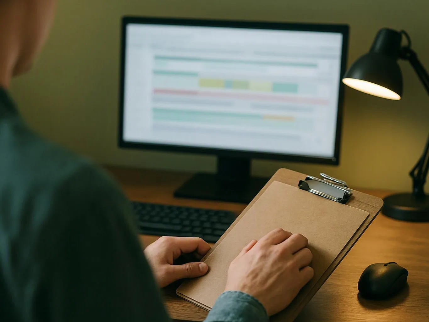 A person sits at a desk writing on a clipboard beside a glowing computer monitor and lamp